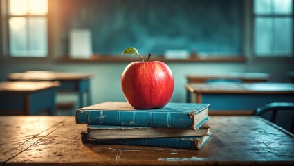 Closeup of an apple on top of school books in a classroom setting.