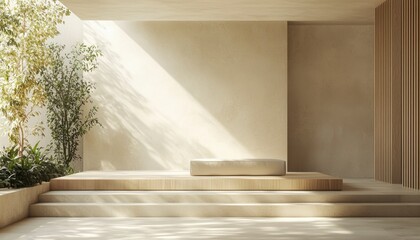 Envision a sanctuary of serenity, where minimalist elegance dances in harmonious rhythm with the warmth of wooden accents and the vitality of botanical artistry Sunlight streams through, casting