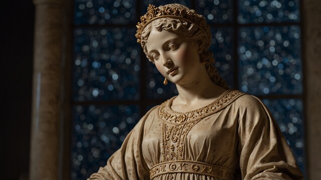 A statue of Calliope, mother of Orpheus, her robe embroidered with constellation verses, lips parted in eternal recitation