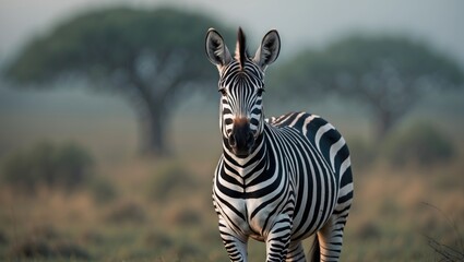 Naklejka premium Africa sunset. Plains zebra, Equus quagga, in a grassy habitat illuminated by evening light. Sunset in the savannah. Animals near large trees.
