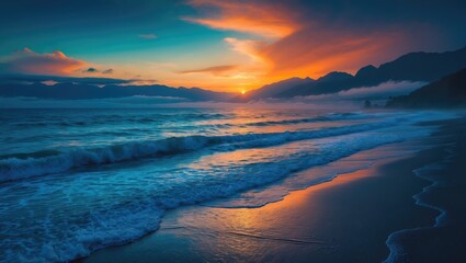 Fototapeta premium Stunning beach sunset featuring an infinite horizon and solitary figures in the distance, alongside remarkable foamy waves.