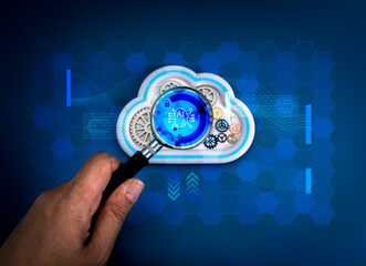 Cloud computing technology, data system storage with smart analysis and processing service concept. AI chip icon on white cloud with gears, focus in magnifying glass lens on blue network background.