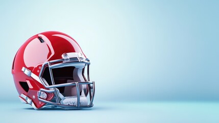 Fototapeta premium Red football helmet on blue background with white reflection detail