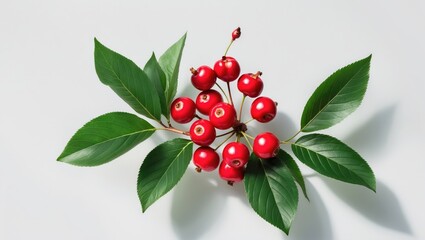 Obraz premium Red cherries with leaves isolated on a white background