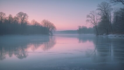 Calm lake water reflections of forest trees in a panoramic sky. Beautiful morning silence at dawn during early spring. Softly colored sky panorama. Gorgeous natural landscape.