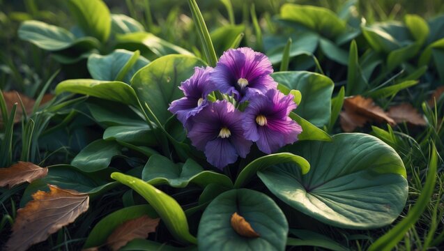 Amidst the spring greenery, gentle violets flourish, celebrating the beauty of nature's renewal.