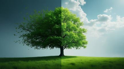 Fototapeta premium climate change vibrant tree stands in lush green field symbolizing climate change and impact of carbon monoxide on nature beauty. carbon monoxide