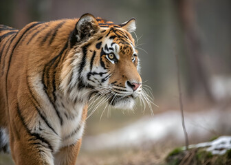 Obraz premium Majestic Tiger Walking Through Snowy Winter Landscape.