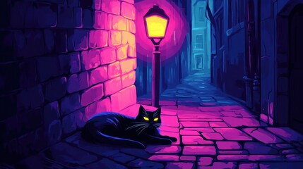A solitary feline rests in the radiant glow of a futuristic streetlight alley