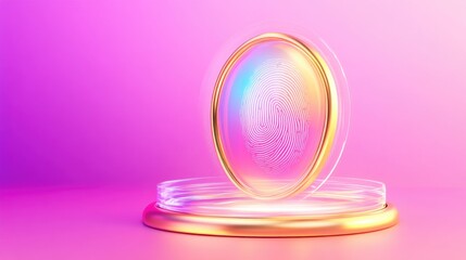 Obraz premium Futuristic fingerprint hologram display with neon colors and gold frame