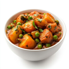 A bowl of aloo mutter, with potatoes and peas cooked in a flavorful tomato and onion sauce, isolated on clean white background.
