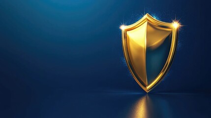 Golden shield protection illuminated by sparks. Security, data safety, privacy services backdrop for internet website, finance backdrop design with copy space