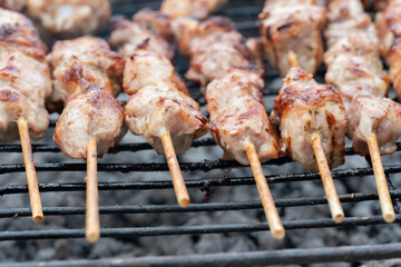 Greek traditional Soulvaki (plural souvlakia). A popular delicious Greek food consisting of small pieces of meat on a skewer. A practice historically dates back to the Bronze Age and Mycenaean Greece.