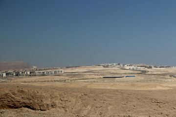 Desert scenery and Al Galala City on the road trip from Hurghada to Cairo, Egypt