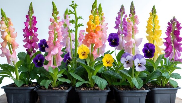 Annual bedding plants directly from the greenhouse. Isolated snapdragons and pansies on a white background.