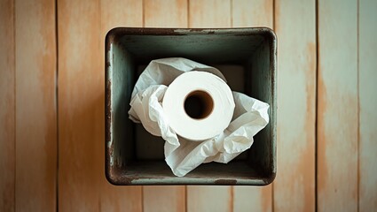 Almost depleted toilet roll discarded in a silver trash can amidst a lot of tissue. An indication of a problem.