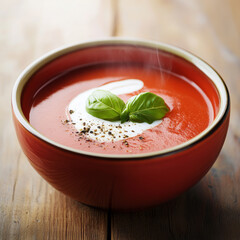 A steaming bowl of creamy tomato soup, topped with a swirl of fresh cream and a sprig of aromatic basil, resting on a rustic wooden table. The soup, with its vibrant red hue and comforting aroma,