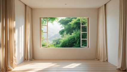 An unoccupied room featuring a wooden floor and a large window that overlooks the trees.