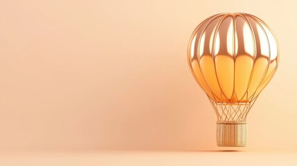Obraz premium Golden hot air ballon with gold plating on peach background, concept of travel and adventure, elegant decorative element for greeting card, gift, birthday