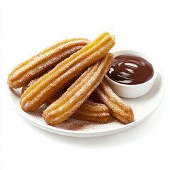 A plate of crispy churros, dusted with cinnamon sugar and served with a side of rich chocolate dipping sauce. The churros, with their crispy exterior and soft, doughy interior, offer a classic Spanish