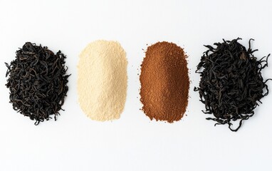 Four Types of Tea Leaves and Powder on White