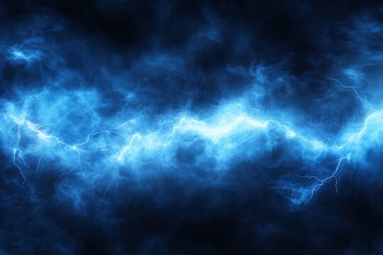 A wide panoramic scene with thunderlight and glowing blue smoke clouds at the bottom, evoking a magical, charged atmosphere