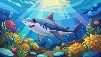 Obraz premium Shark swimming gracefully over coral reef under sun rays