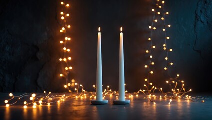 A yellow LED garland and blue scented candles placed on a warm brown plaid. Textured background, wallpaper. The essence of home comfort.