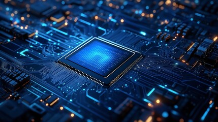Powerful CPU Microchip Close up view of a modern central processing unit with glowing blue circuits and intricate details showcasing
