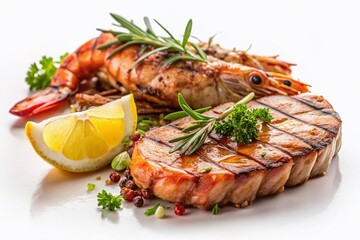 Delicious Grilled Prawn and Steak Dinner with Copy Space