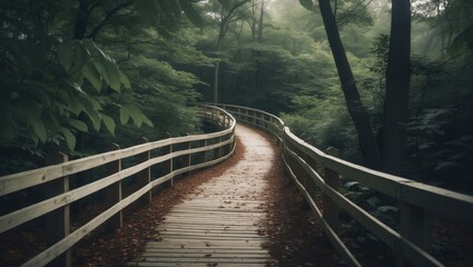 Obraz premium A wooden boardwalk winds through a verdant forest. The pathway provides a tranquil walk among the natural beauty.
