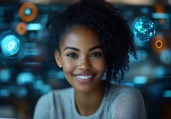Obraz premium Portrait of a Smiling Black Woman in Tech