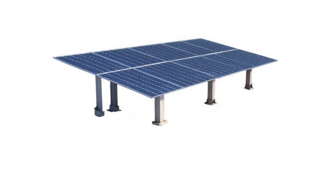 Isolated solar panel array on support structures against a black background in a studio shot