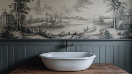 french toile wallpaper, traditional mural wallpaper with romantic french toile design, adding a sophisticated touch to a classic powder room in vintage style