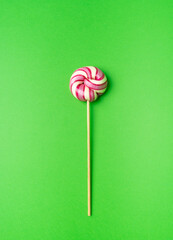 Color lollipop, spiral candy on stick, colorful striped lollypop, round fruit caramel, circle lollipop