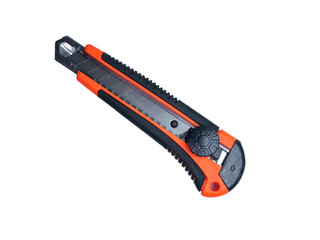 Isolated on white background Utility Knife Cutter orange and black with plastic handle and safety...