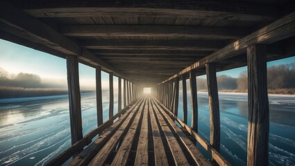An aged train bridge spanning over water.