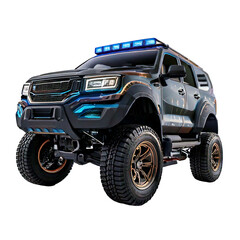 A rugged off-road electric SUV with glowing wheels and a reinforced frame