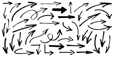 Hand Drawn Grunge Arrow Set. Arrow Brush Element Set. Linear Hand Drawn Vector Sketch Marker Arrow Collection. Pen Stroke Graphic Icons Illustration Set