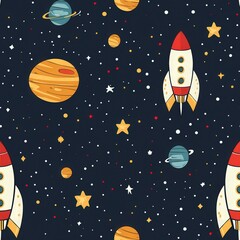 Colorful seamless graphic pattern featuring rockets, planets, and stars in a night sky. National Space and Astronaut Day