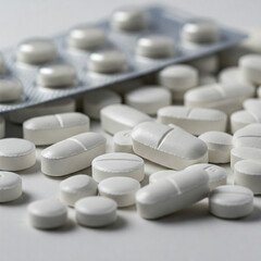 pills and capsules. Pharmacy theme, white medicine tablets antibiotic pills.