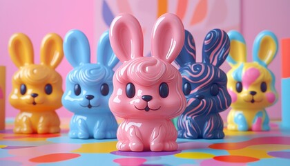 A vibrant Easter tableau presents a delightful array of pop-art inspired bunny figurines, each boasting a unique and captivating design Positioned on a colorful Easter table, these whimsical