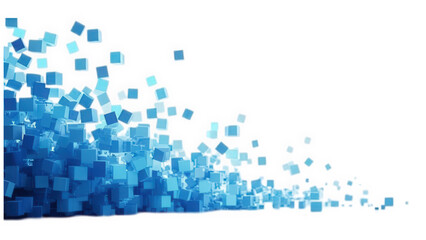 Abstract arrangement of blue cubes in varying sizes and shades, flowing dynamically across a clean white background, symbolizing modernity and creativity