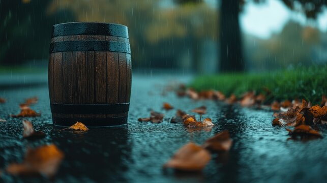 Wooden barrel standing on a rain-soaked street surrounded by fallen leaves during a rainy day in autumn. Water Saving Week