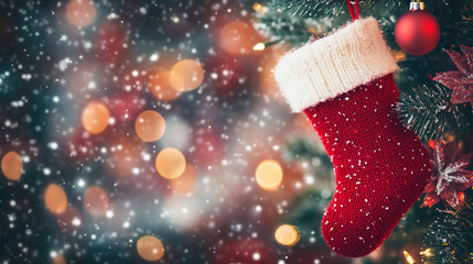 Festive Christmas Stocking Hanging on Snowy Tree Branch
