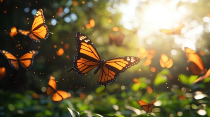 A symphony of wings unfolds, as delicate butterflies dance in a sun-kissed realm Gentle light paints the scene with ethereal grace, casting long, soft shadows that caress the lush foliage below