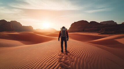 Lone explorer in a high-tech space suit trekking across crimson dunes with jagged rocks and twin suns casting a golden-red glow, evoking wonder and solitude Generative AI