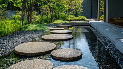 Tranquil Japanese Garden Pathway with Water Feature