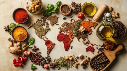 World map crafted from spices and herbs celebrates global cuisine in a vibrant culinary arrangement