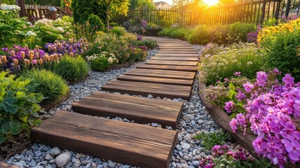 Wooden path through colorful garden at sunset. Potential use Stock photo for landscaping design, garden inspiration, or nature-themed prints